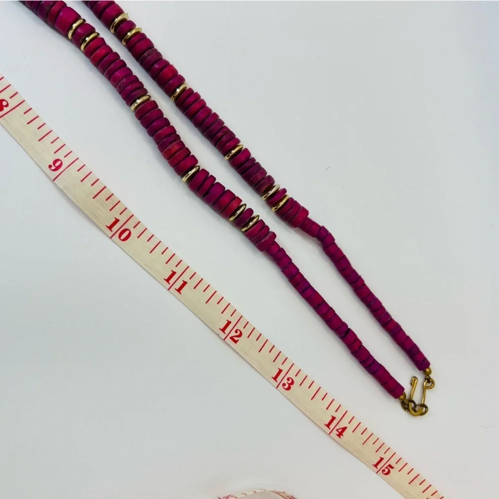 Vintage Magenta Disk Bead Necklace Gold Tone Spacers Boho Statement 16–17”